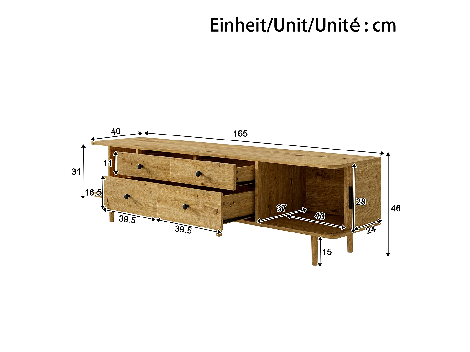 Mueble TV Bajo 165cm - Banco TV de Salón con 4 Cajones y 2 Puertas Corredizas, Patas Macizas, Estilo Moderno - Marrón