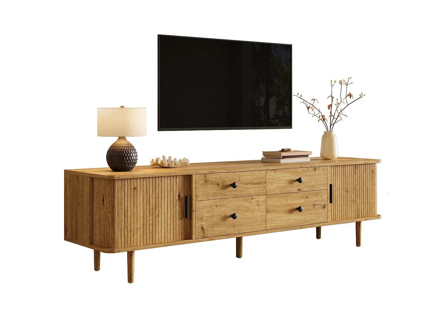 Mueble TV Bajo 165cm - Banco TV de Salón con 4 Cajones y 2 Puertas Corredizas, Patas Macizas, Estilo Moderno - Marrón