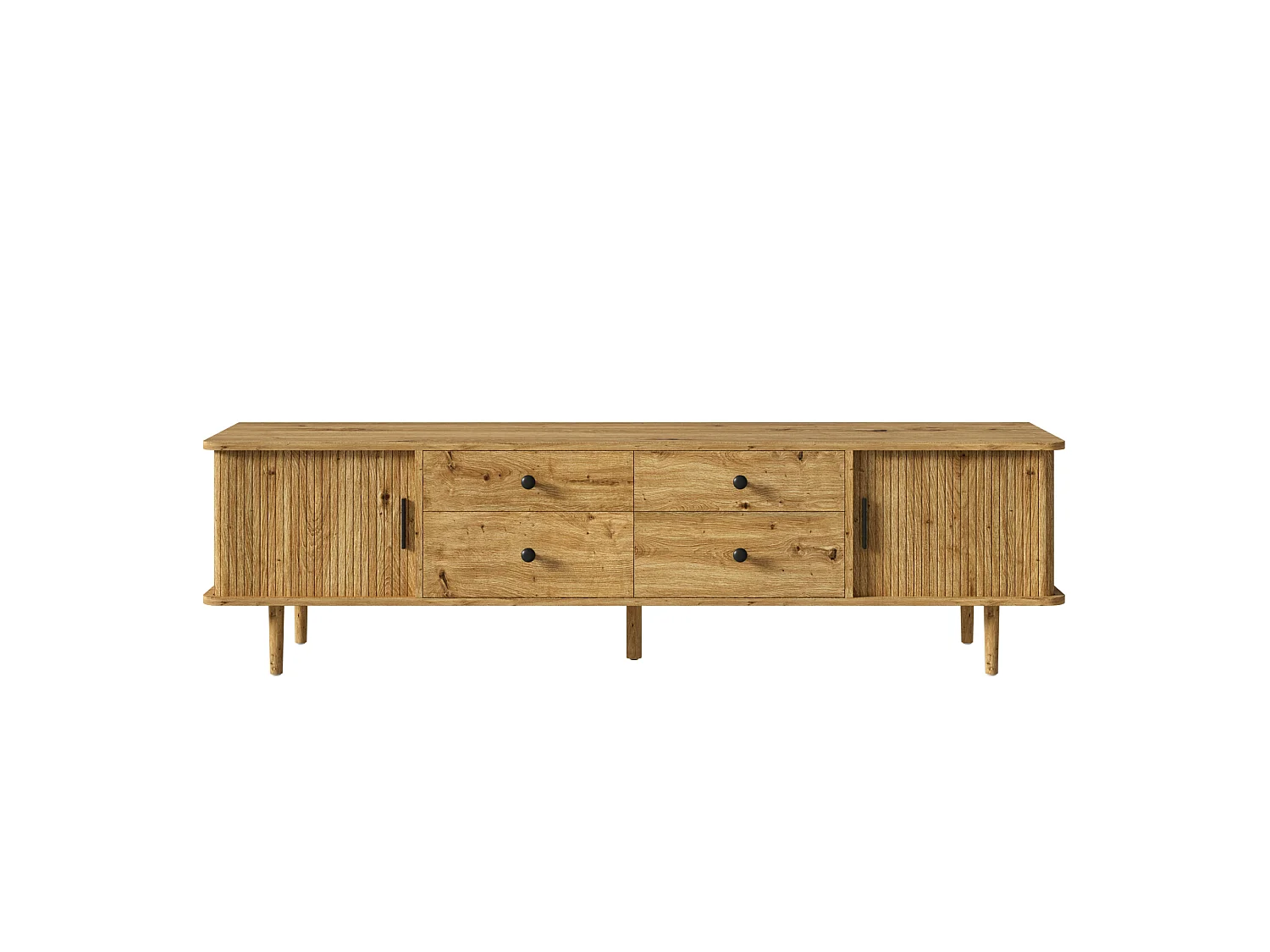 Mueble TV Bajo 165cm - Banco TV de Salón con 4 Cajones y 2 Puertas Corredizas, Patas Macizas, Estilo Moderno - Marrón