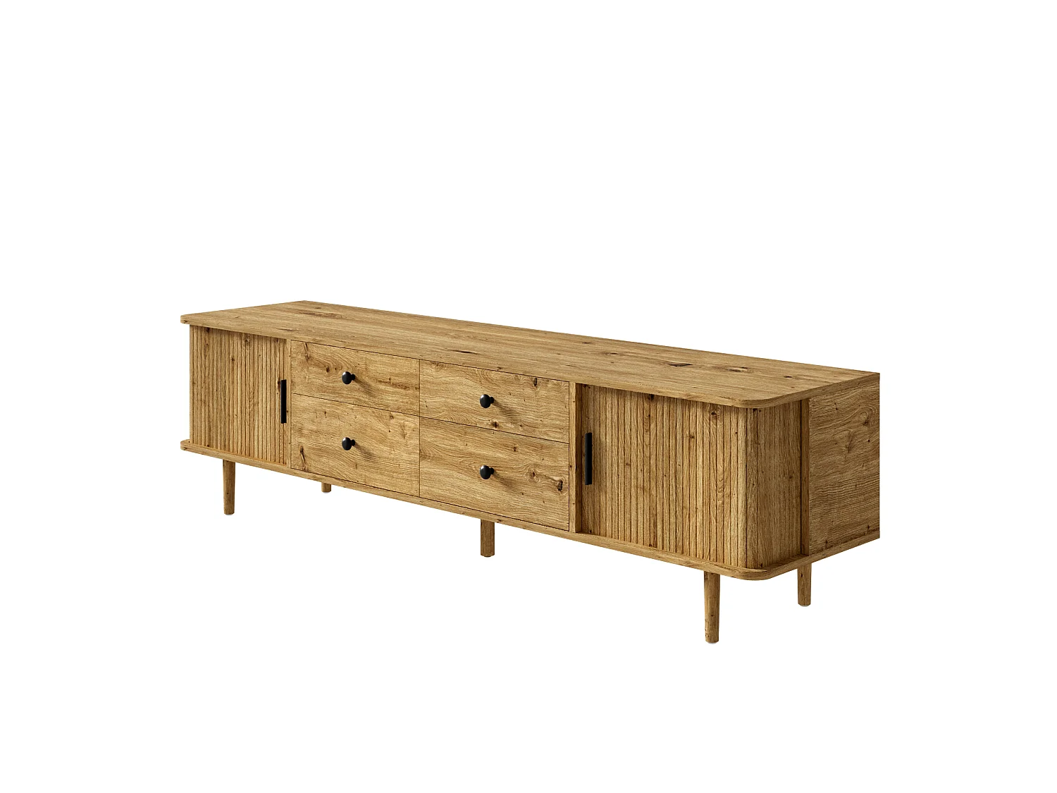 Mueble TV Bajo 165cm - Banco TV de Salón con 4 Cajones y 2 Puertas Corredizas, Patas Macizas, Estilo Moderno - Marrón
