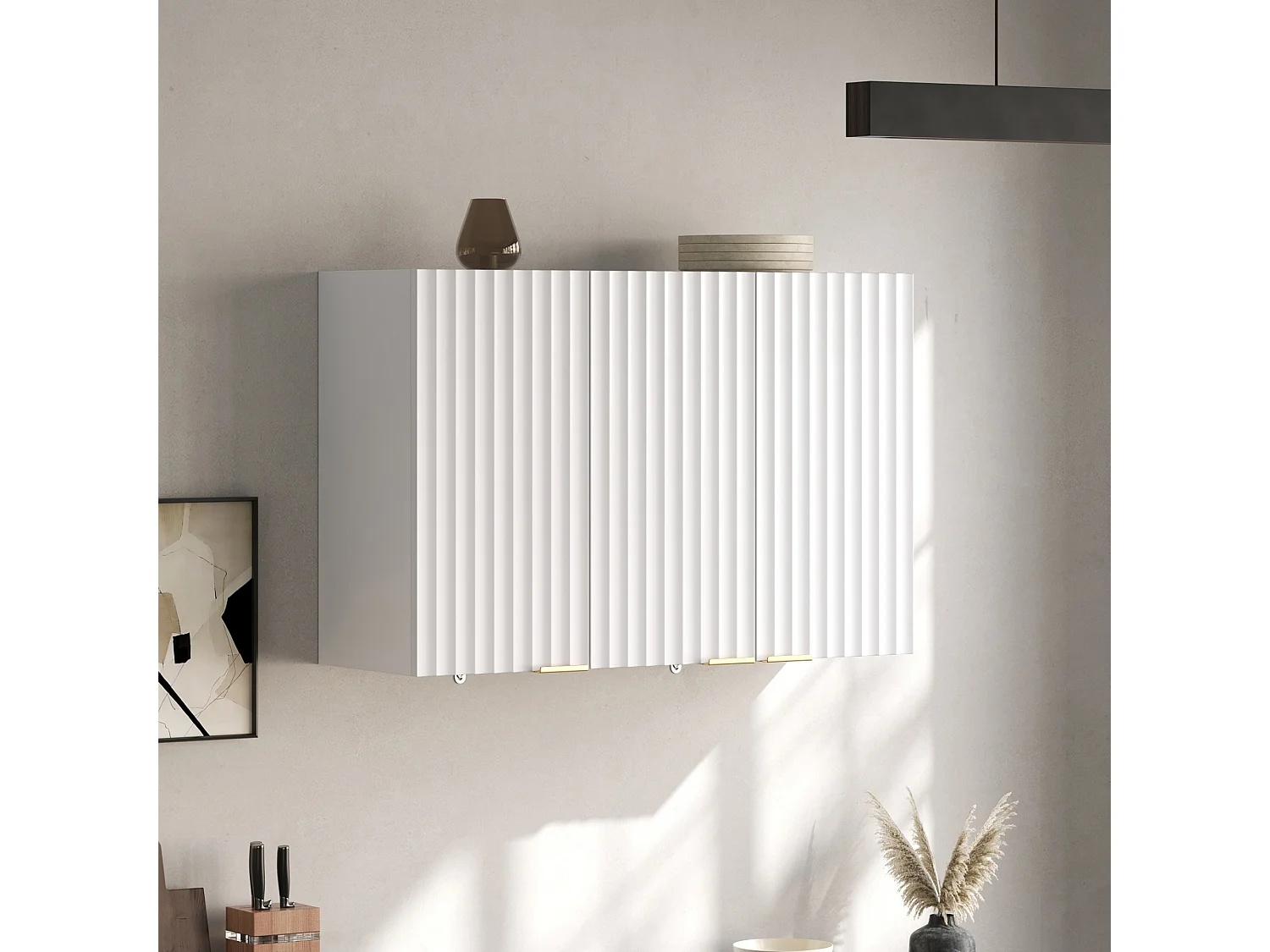 Meubel voor aan de muur in de keuken 90×29×60 cm - met 3 deuren - golfvormige deur - Wit