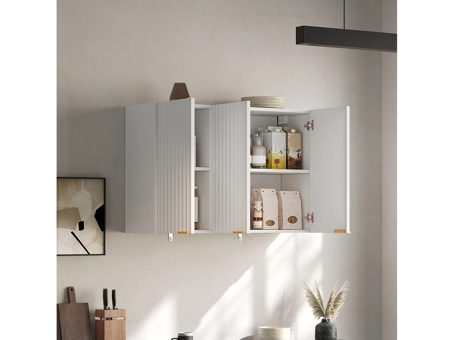 Meubel voor aan de muur in de keuken 90×29×60 cm - met 3 deuren - golfvormige deur - Wit