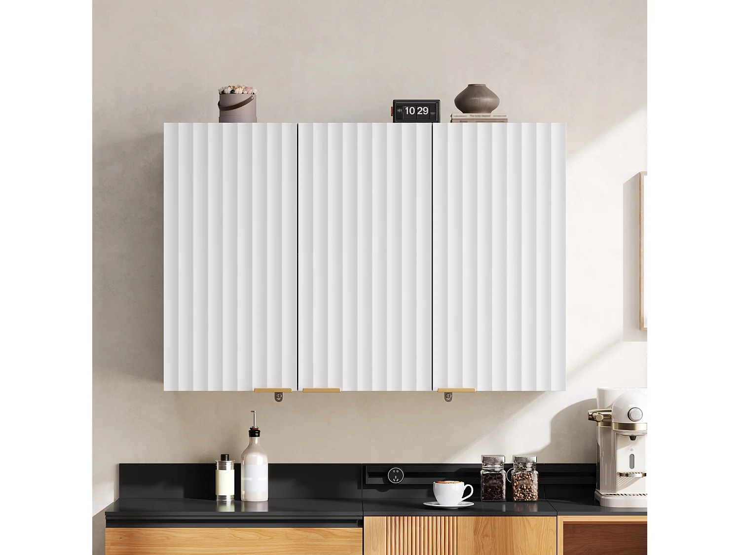 Meubel voor aan de muur in de keuken 90×29×60 cm - met 3 deuren - golfvormige deur - Wit