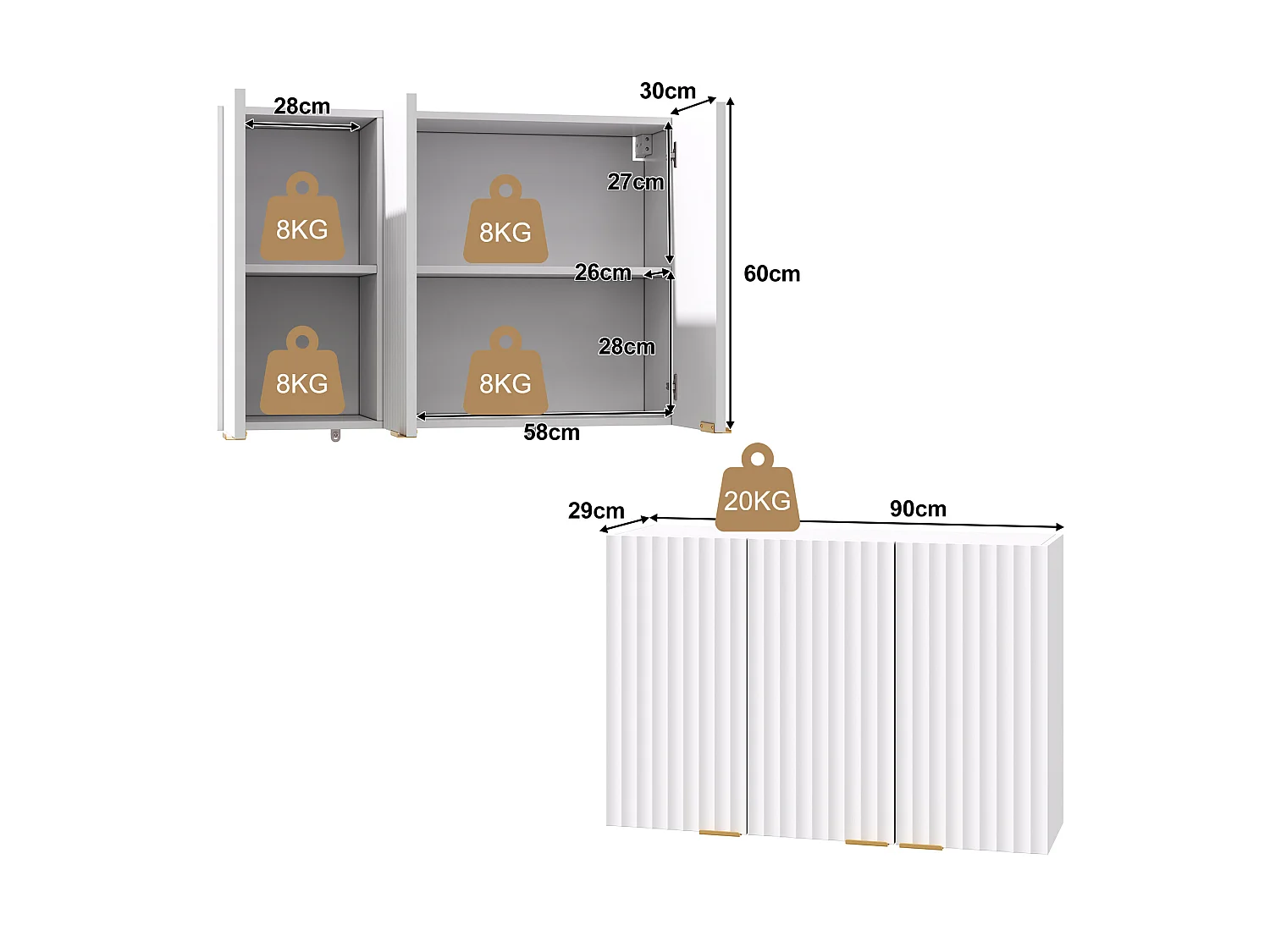 Meubel voor aan de muur in de keuken 90×29×60 cm - met 3 deuren - golfvormige deur - Wit