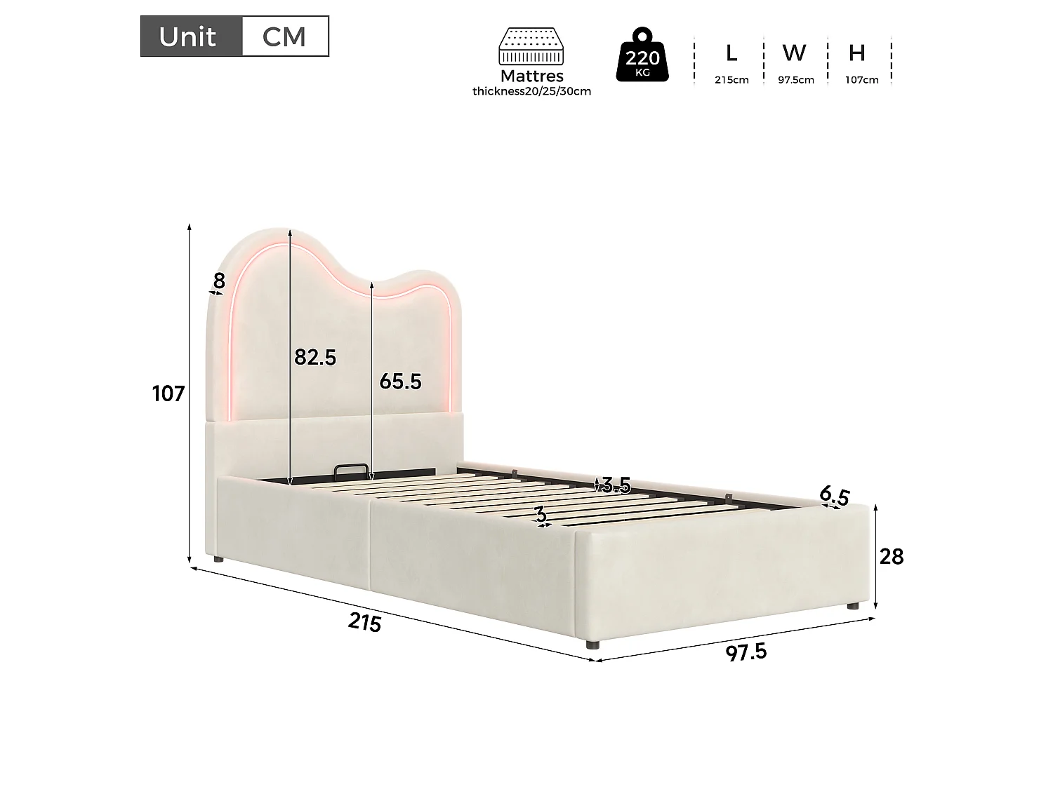Lit coffre enfant capitonné 90x200 cm - Avec sommier à lattes et tête de lit - Grand rangement - Tissu en velours - Blanc (sans matelas)