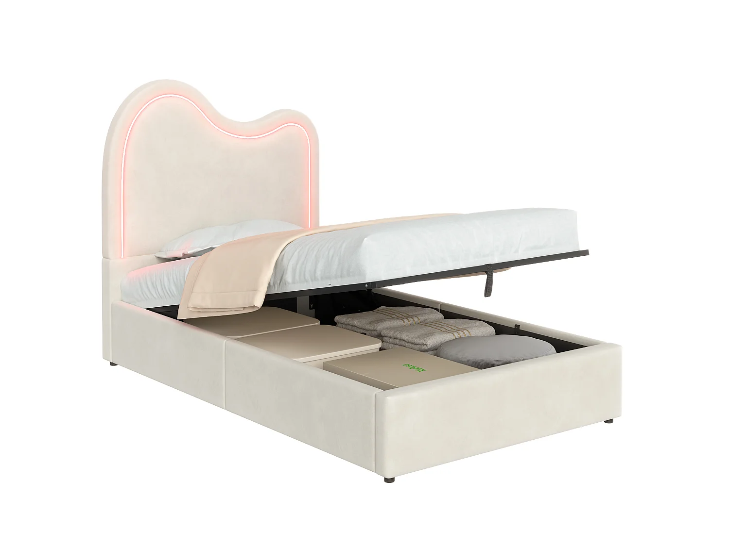 Lit coffre enfant capitonné 90x200 cm - Avec sommier à lattes et tête de lit - Grand rangement - Tissu en velours - Blanc (sans matelas)