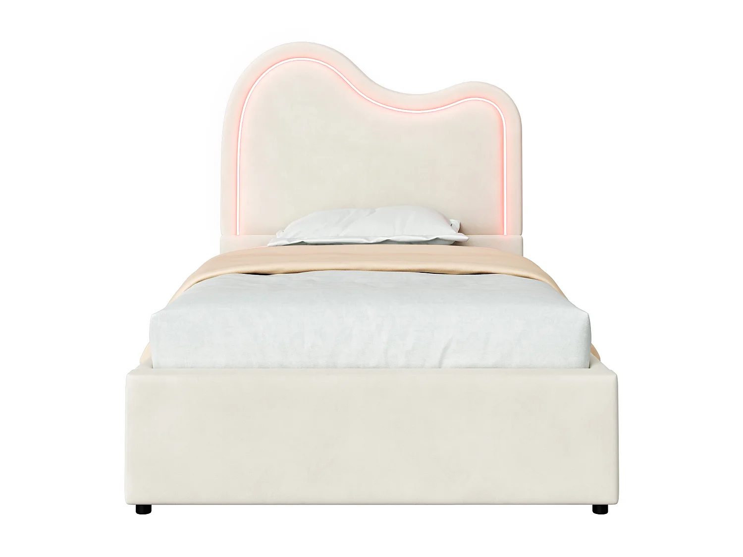 Lit coffre enfant capitonné 90x200 cm - Avec sommier à lattes et tête de lit - Grand rangement - Tissu en velours - Blanc (sans matelas)