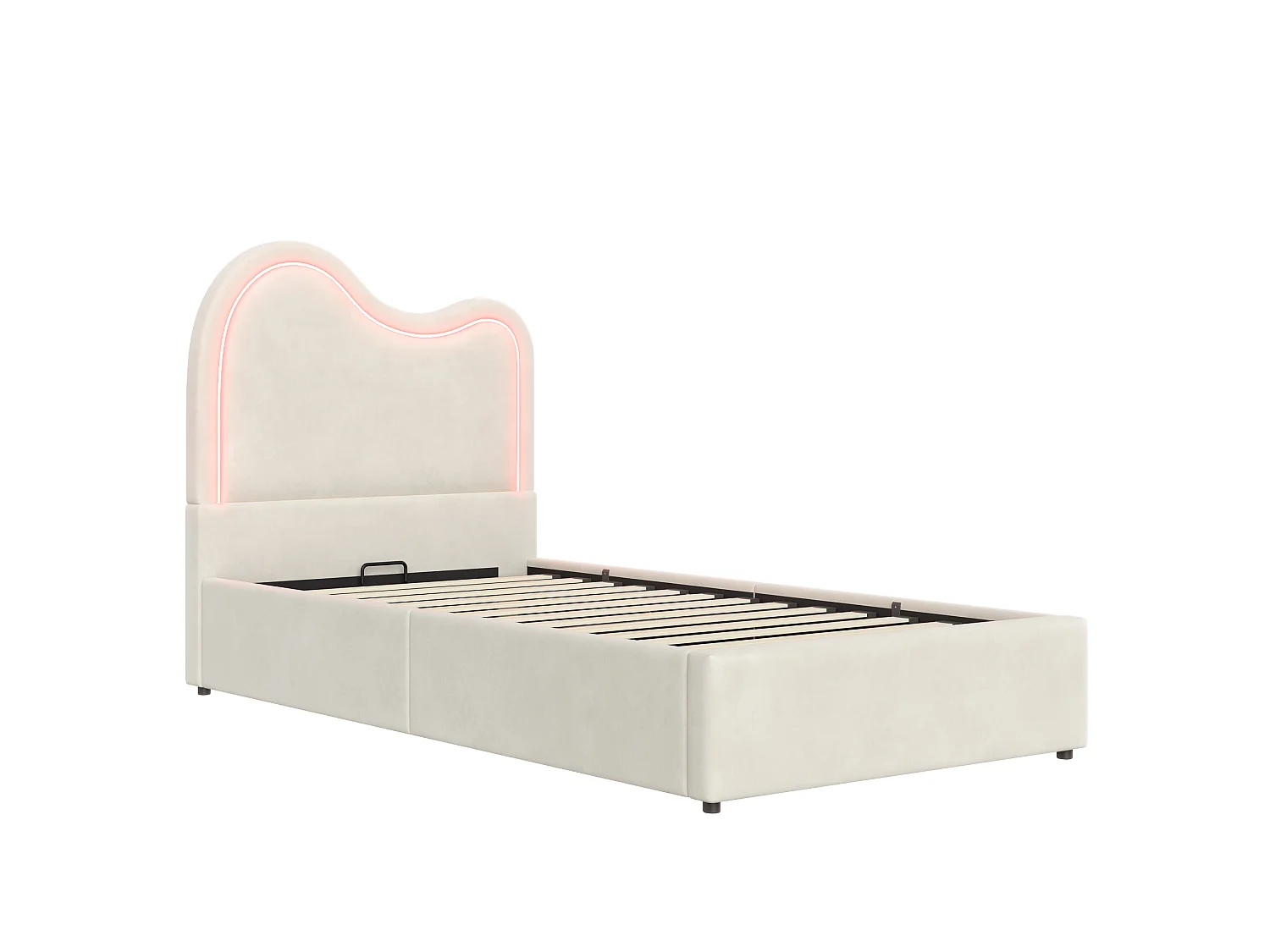 Lit coffre enfant capitonné 90x200 cm - Avec sommier à lattes et tête de lit - Grand rangement - Tissu en velours - Blanc (sans matelas)