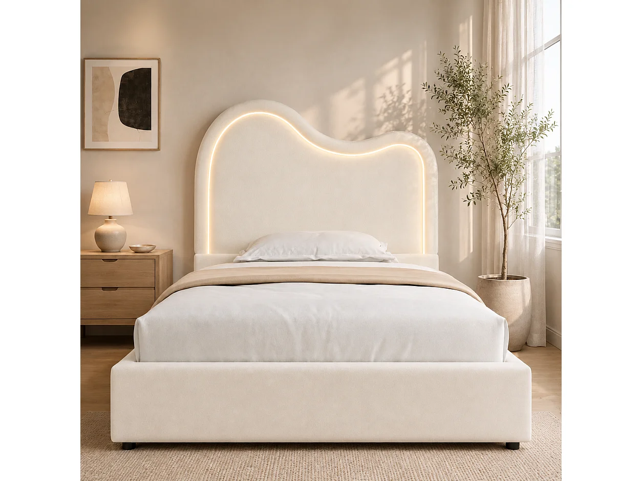 Lit coffre enfant capitonné 90x200 cm - Avec sommier à lattes et tête de lit - Grand rangement - Tissu en velours - Blanc (sans matelas)