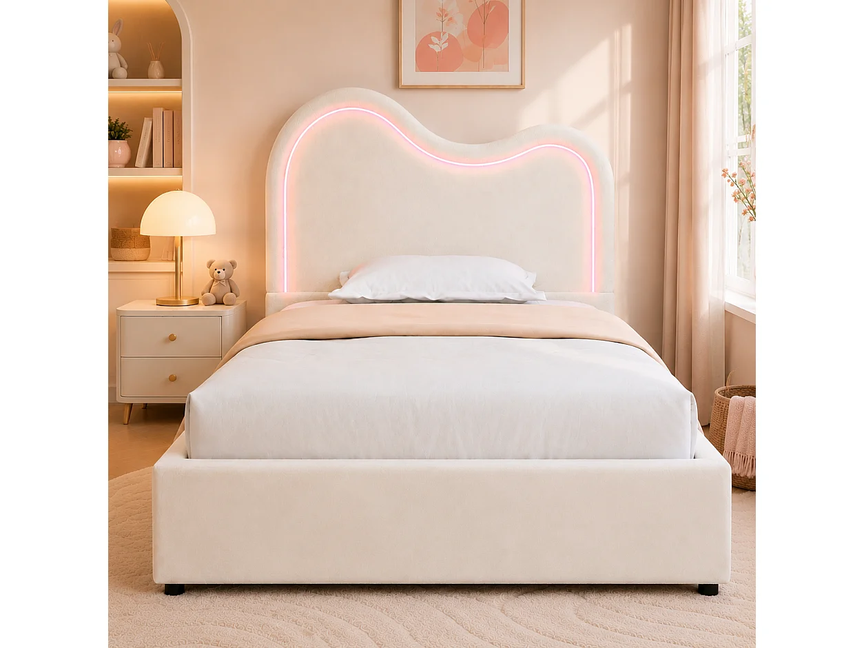 Lit coffre enfant capitonné 90x200 cm - Avec sommier à lattes et tête de lit - Grand rangement - Tissu en velours - Blanc (sans matelas)
