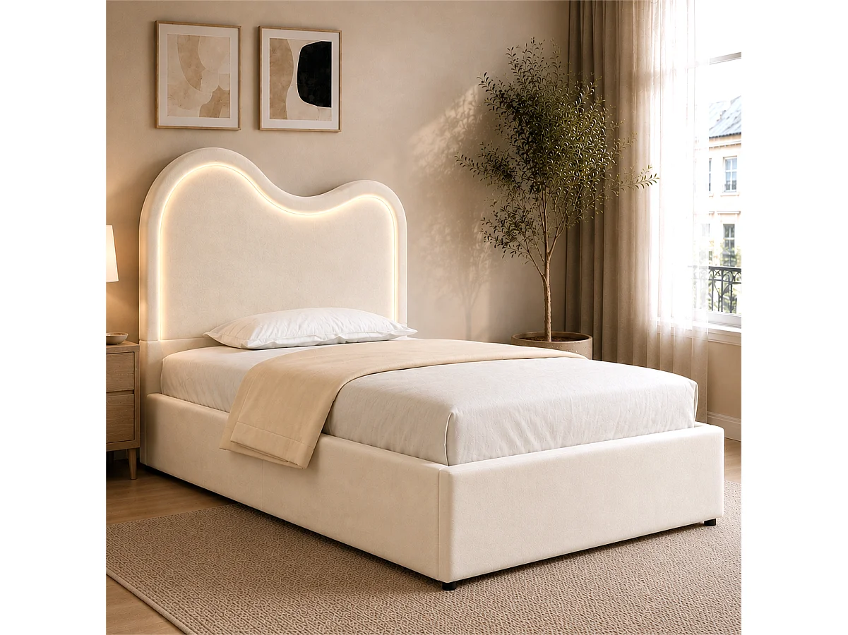 Lit coffre enfant capitonné 90x200 cm - Avec sommier à lattes et tête de lit - Grand rangement - Tissu en velours - Blanc (sans matelas)
