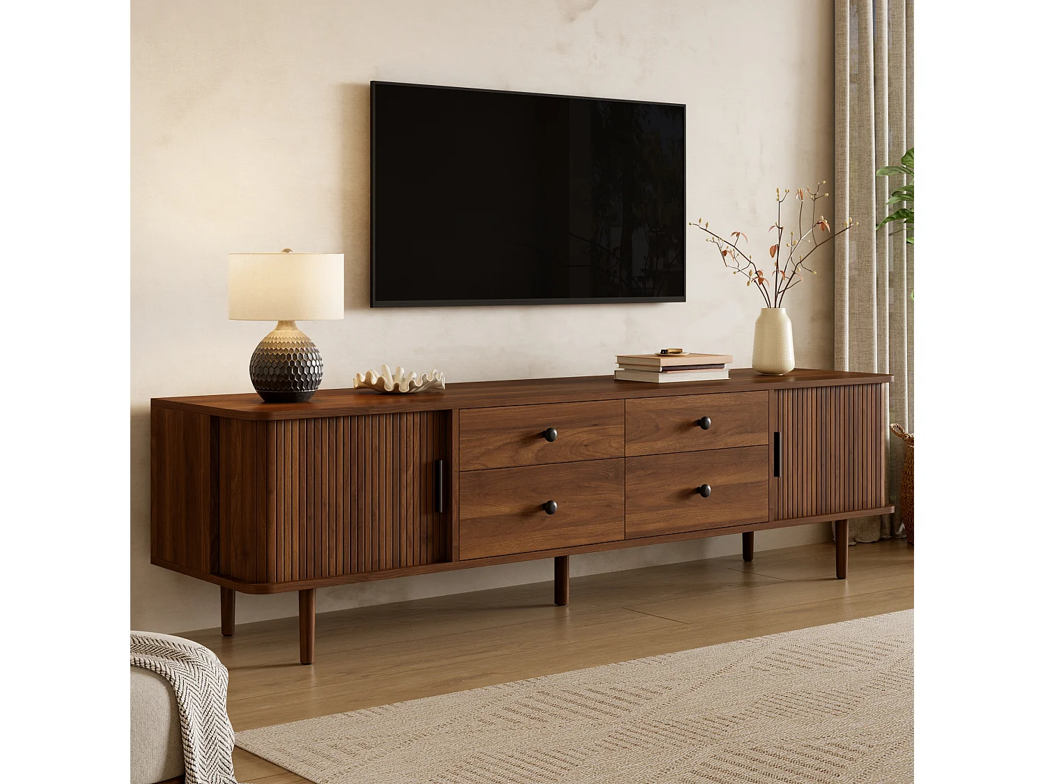 Meuble TV Bas 165cm - Banc TV de Salon avec 4 Tiroirs & 2 Portes Coulissantes, Pieds Massifs, Style Moderne - Noyer