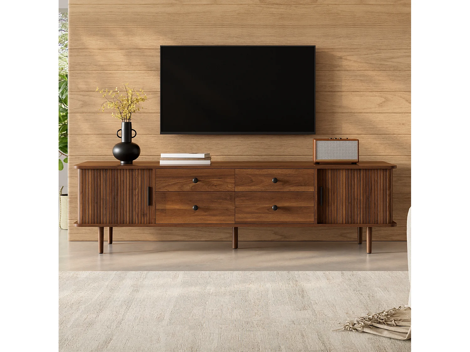 Meuble TV Bas 165cm - Banc TV de Salon avec 4 Tiroirs & 2 Portes Coulissantes, Pieds Massifs, Style Moderne - Noyer