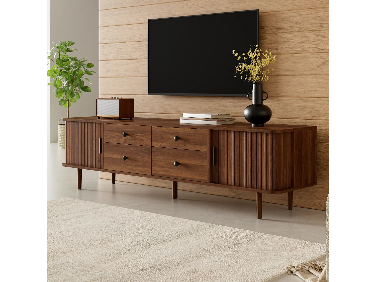 Meuble TV Bas 165cm - Banc TV de Salon avec 4 Tiroirs & 2 Portes Coulissantes, Pieds Massifs, Style Moderne - Noyer