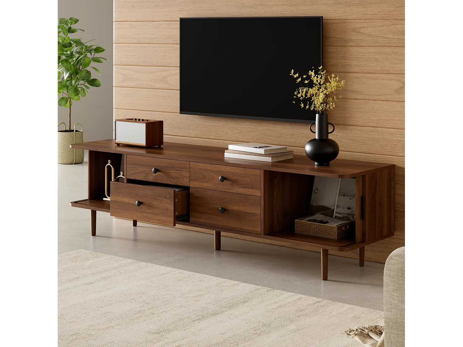 Meuble TV Bas 165cm - Banc TV de Salon avec 4 Tiroirs & 2 Portes Coulissantes, Pieds Massifs, Style Moderne - Noyer