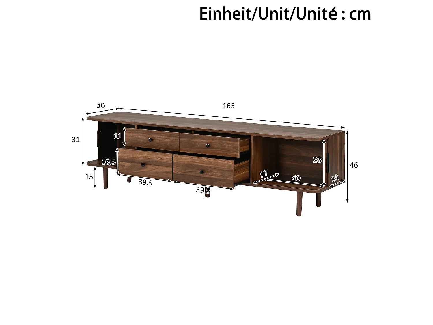 Meuble TV Bas 165cm - Banc TV de Salon avec 4 Tiroirs & 2 Portes Coulissantes, Pieds Massifs, Style Moderne - Noyer