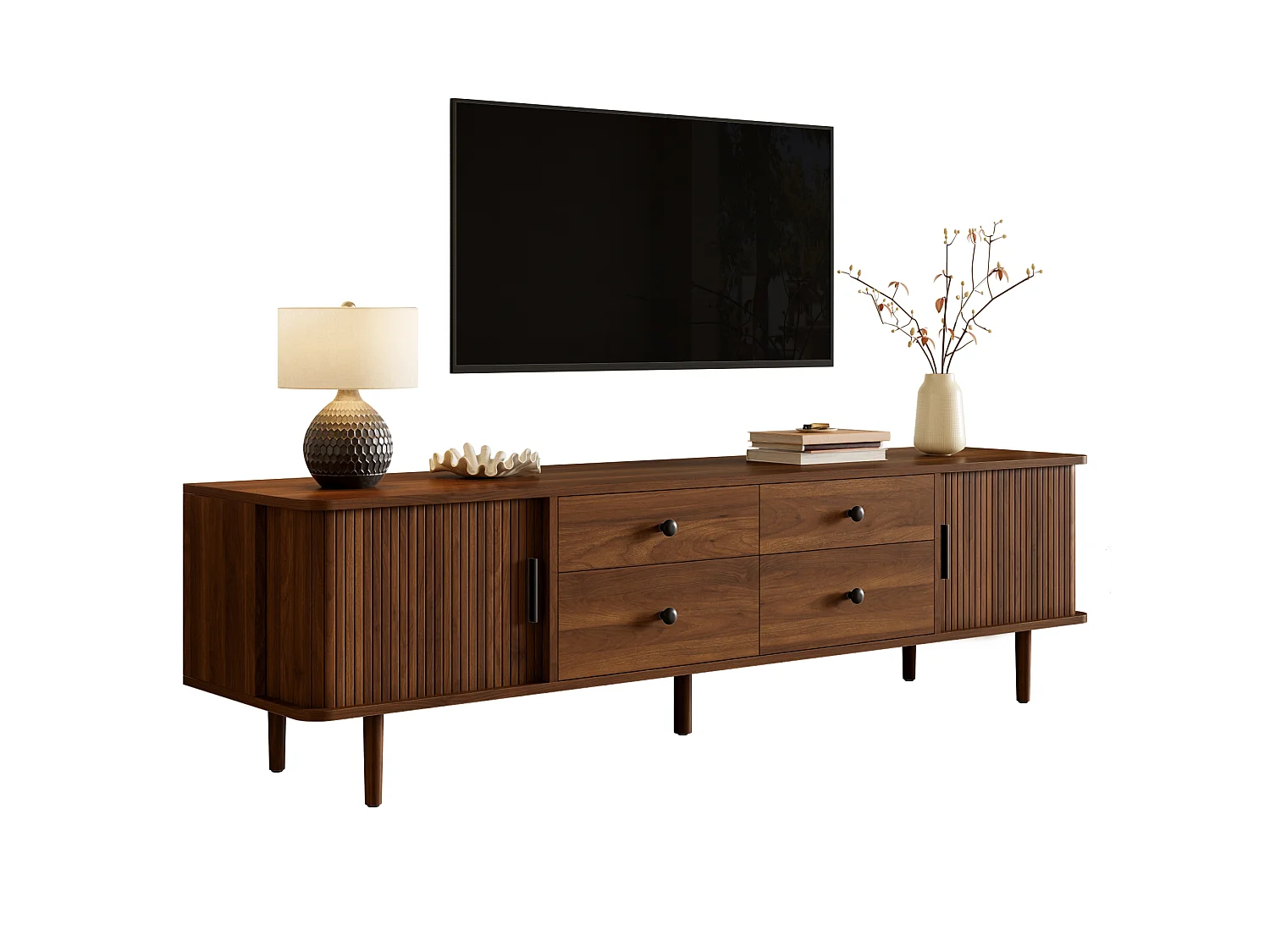 Meuble TV Bas 165cm - Banc TV de Salon avec 4 Tiroirs & 2 Portes Coulissantes, Pieds Massifs, Style Moderne - Noyer