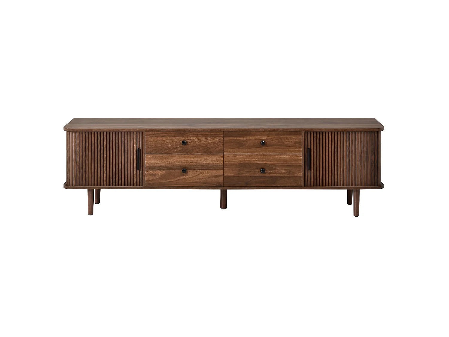 Meuble TV Bas 165cm - Banc TV de Salon avec 4 Tiroirs & 2 Portes Coulissantes, Pieds Massifs, Style Moderne - Noyer