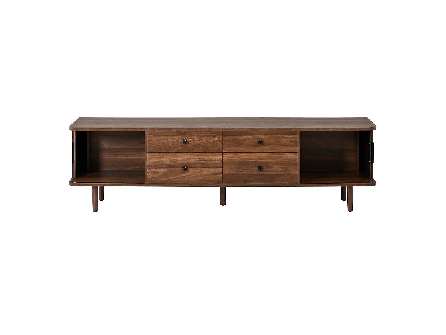 Meuble TV Bas 165cm - Banc TV de Salon avec 4 Tiroirs & 2 Portes Coulissantes, Pieds Massifs, Style Moderne - Noyer