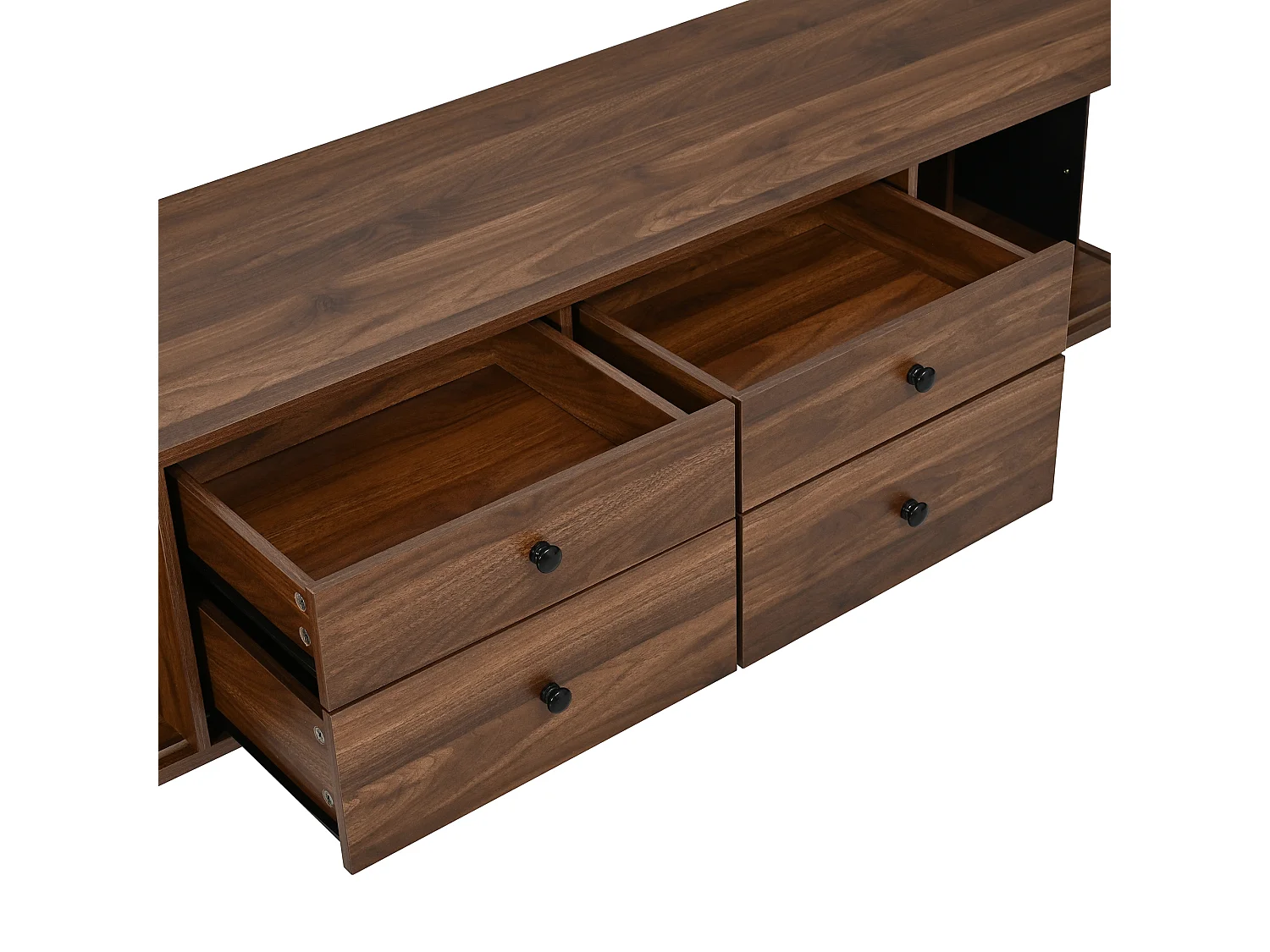 Meuble TV Bas 165cm - Banc TV de Salon avec 4 Tiroirs & 2 Portes Coulissantes, Pieds Massifs, Style Moderne - Noyer