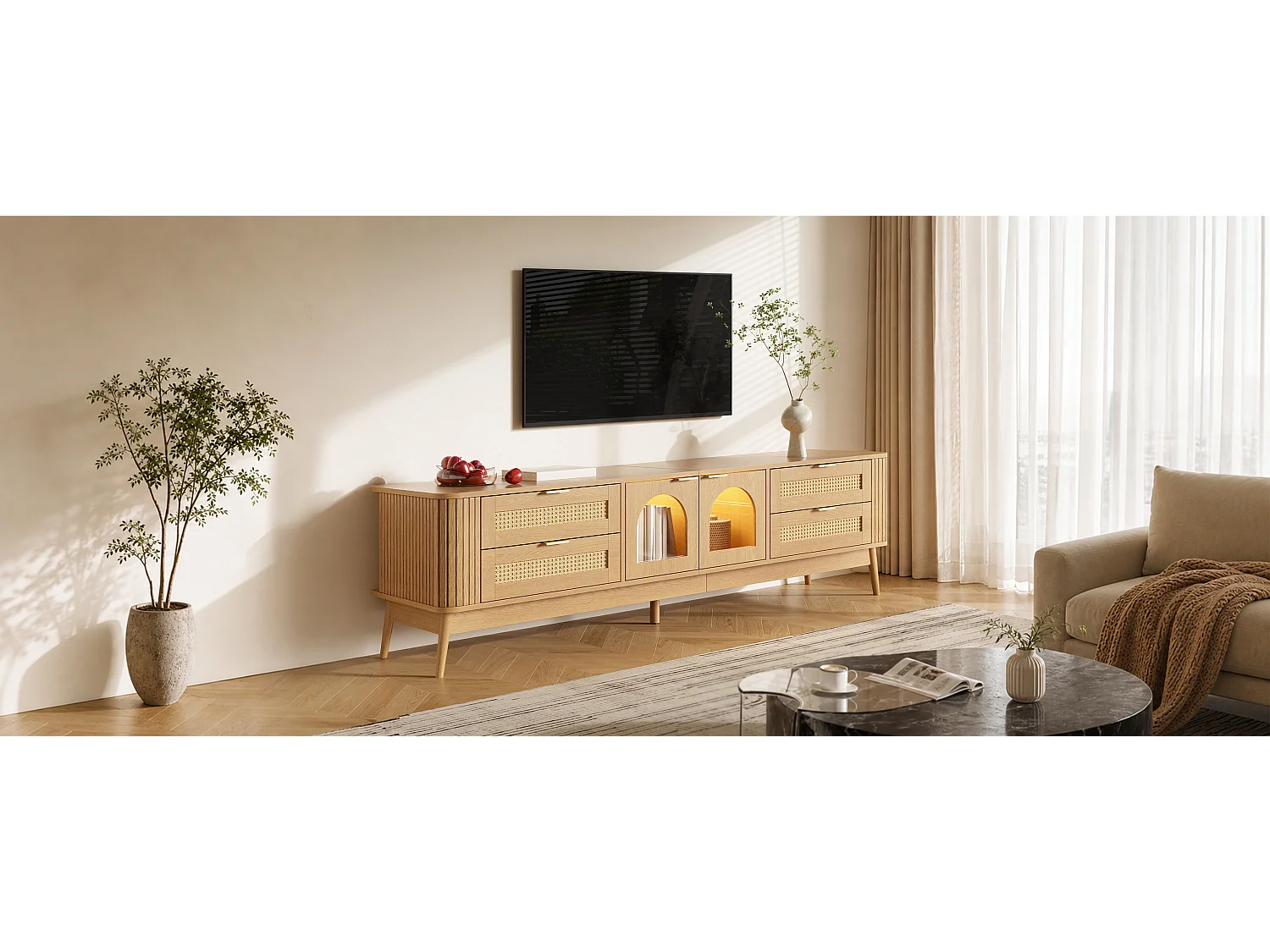 180 cm breites TV-Möbel mit 2 Glastüren, 4 Schubladen und LED-Beleuchtung – Spanplatte – 180 x 40 x 50 cm – Natur
