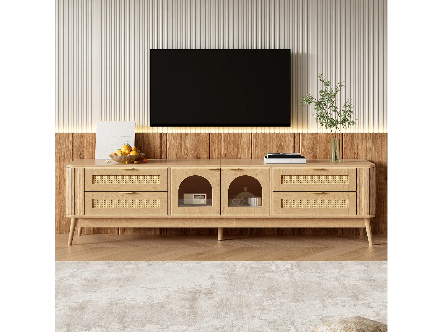 180 cm breites TV-Möbel mit 2 Glastüren, 4 Schubladen und LED-Beleuchtung – Spanplatte – 180 x 40 x 50 cm – Natur