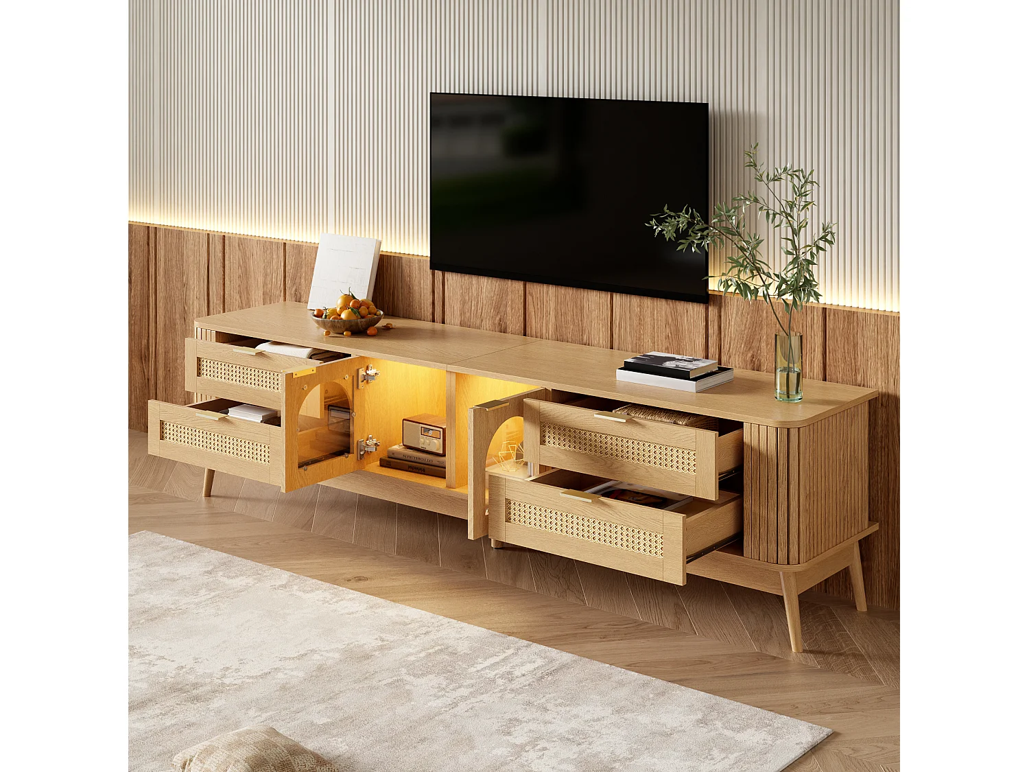 180 cm breites TV-Möbel mit 2 Glastüren, 4 Schubladen und LED-Beleuchtung – Spanplatte – 180 x 40 x 50 cm – Natur