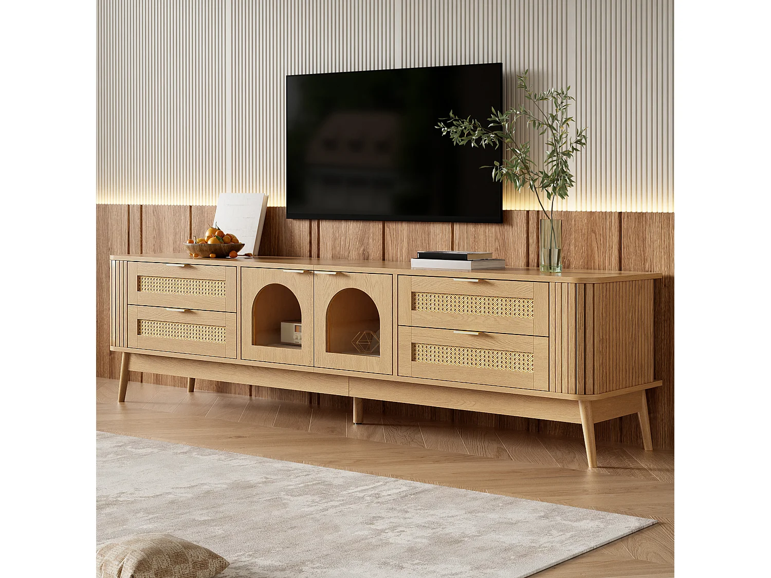 180 cm breites TV-Möbel mit 2 Glastüren, 4 Schubladen und LED-Beleuchtung – Spanplatte – 180 x 40 x 50 cm – Natur
