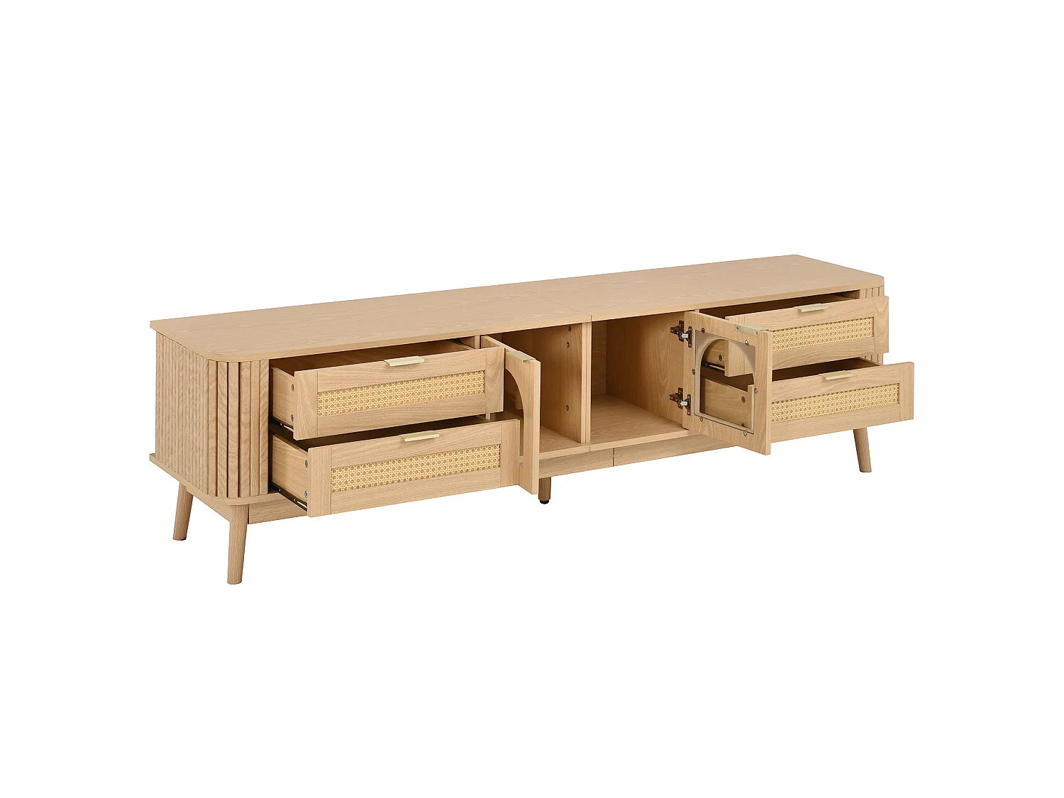 180 cm breites TV-Möbel mit 2 Glastüren, 4 Schubladen und LED-Beleuchtung – Spanplatte – 180 x 40 x 50 cm – Natur