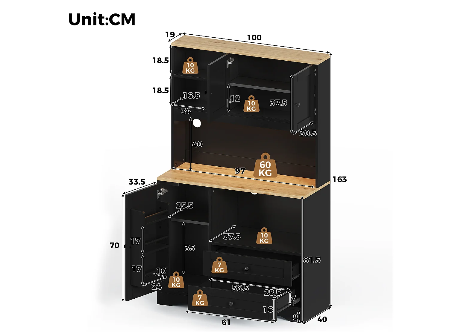 Buffet de cuisine 100x40x163cm - avec 3 portes et 2 tiroirs - avec éclairage LED - avec prise de courant - avec étagère à épices - Noir