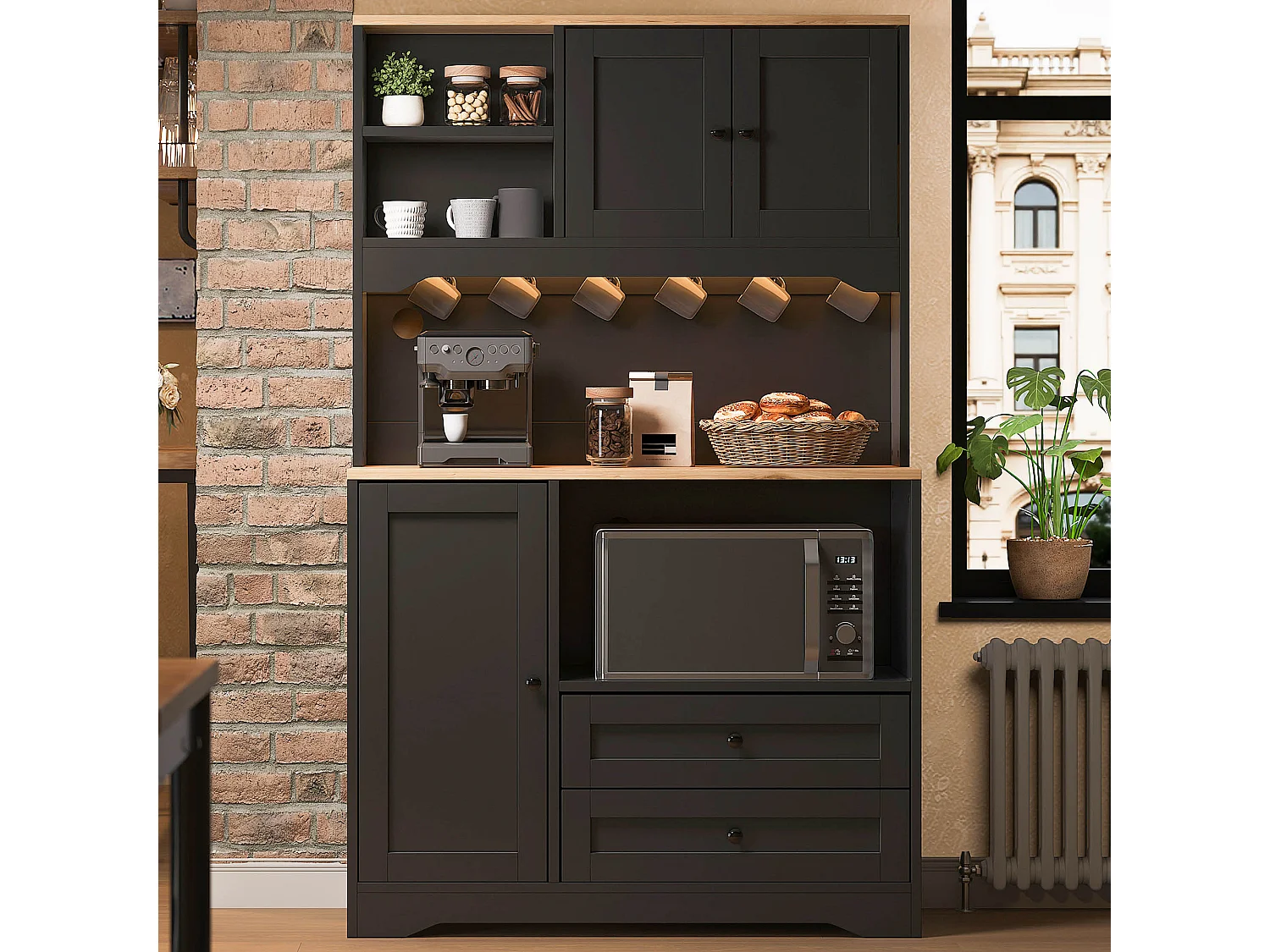 Buffet de cuisine 100x40x163cm - avec 3 portes et 2 tiroirs - avec éclairage LED - avec prise de courant - avec étagère à épices - Noir