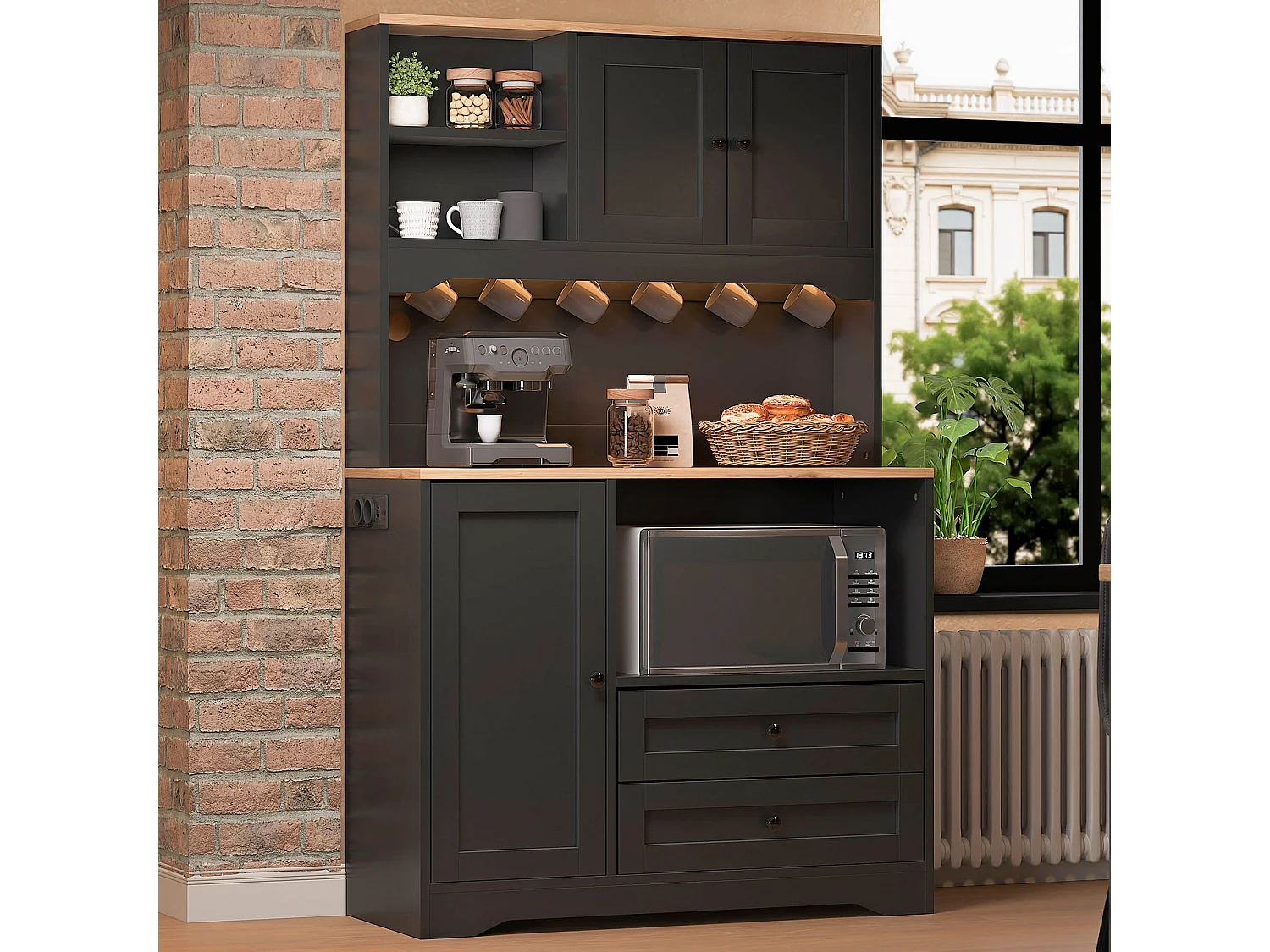 Buffet de cuisine 100x40x163cm - avec 3 portes et 2 tiroirs - avec éclairage LED - avec prise de courant - avec étagère à épices - Noir