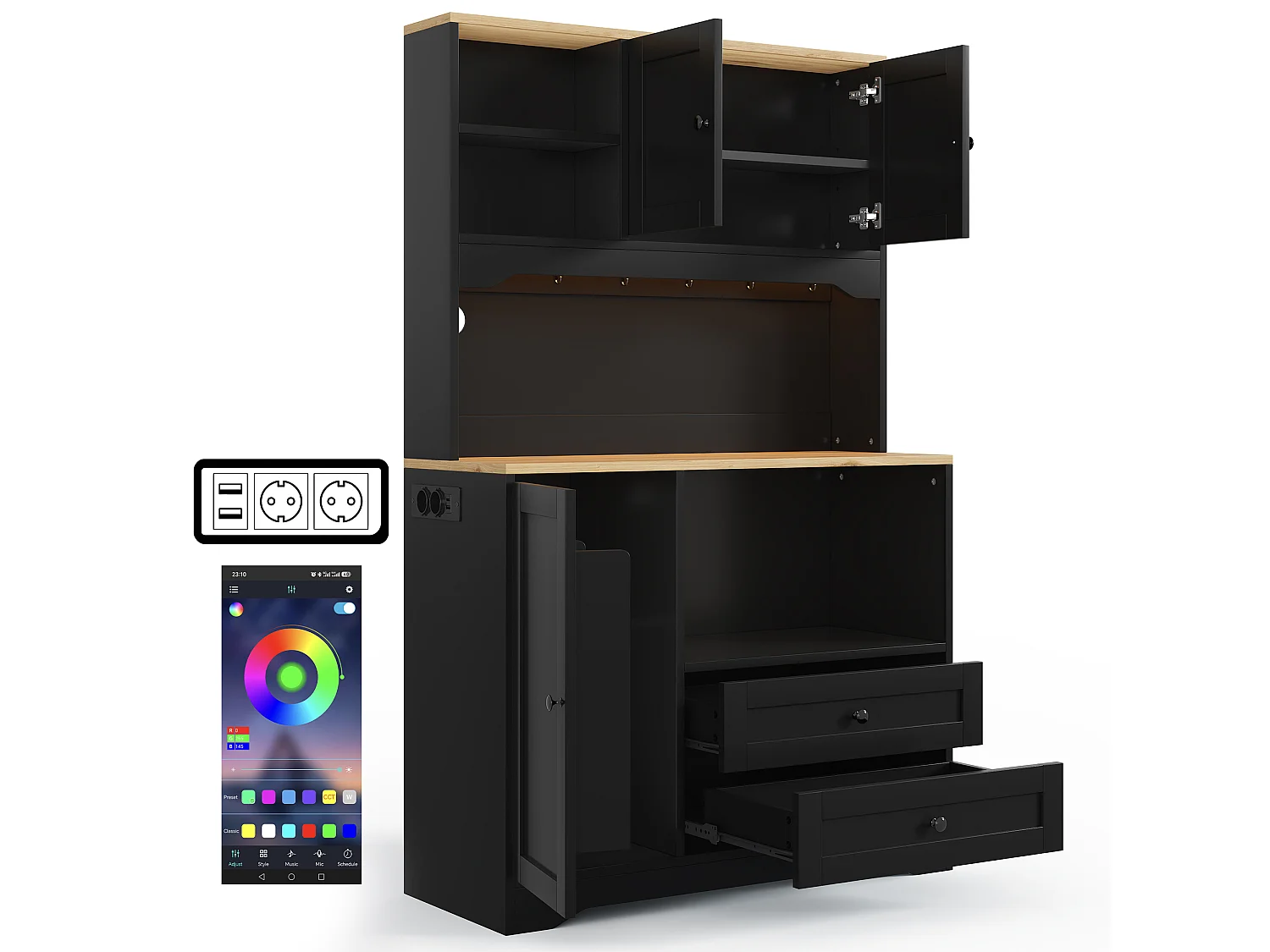 Buffet de cuisine 100x40x163cm - avec 3 portes et 2 tiroirs - avec éclairage LED - avec prise de courant - avec étagère à épices - Noir