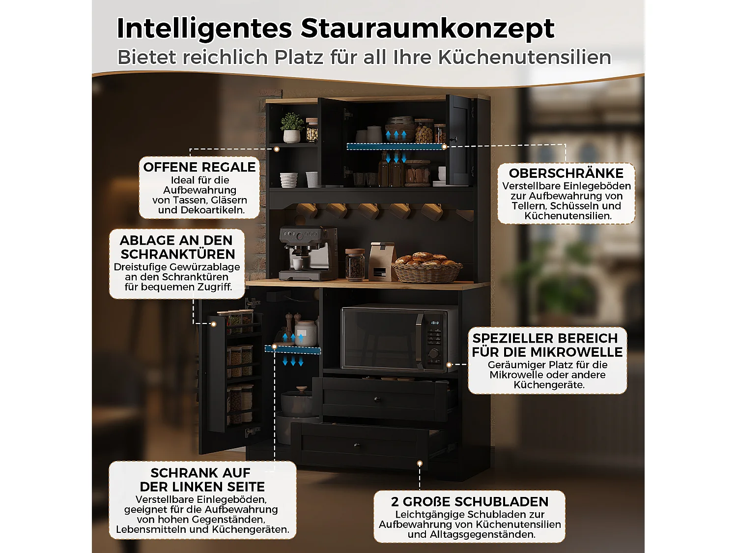Buffet de cuisine 100x40x163cm - avec 3 portes et 2 tiroirs - avec éclairage LED - avec prise de courant - avec étagère à épices - Noir