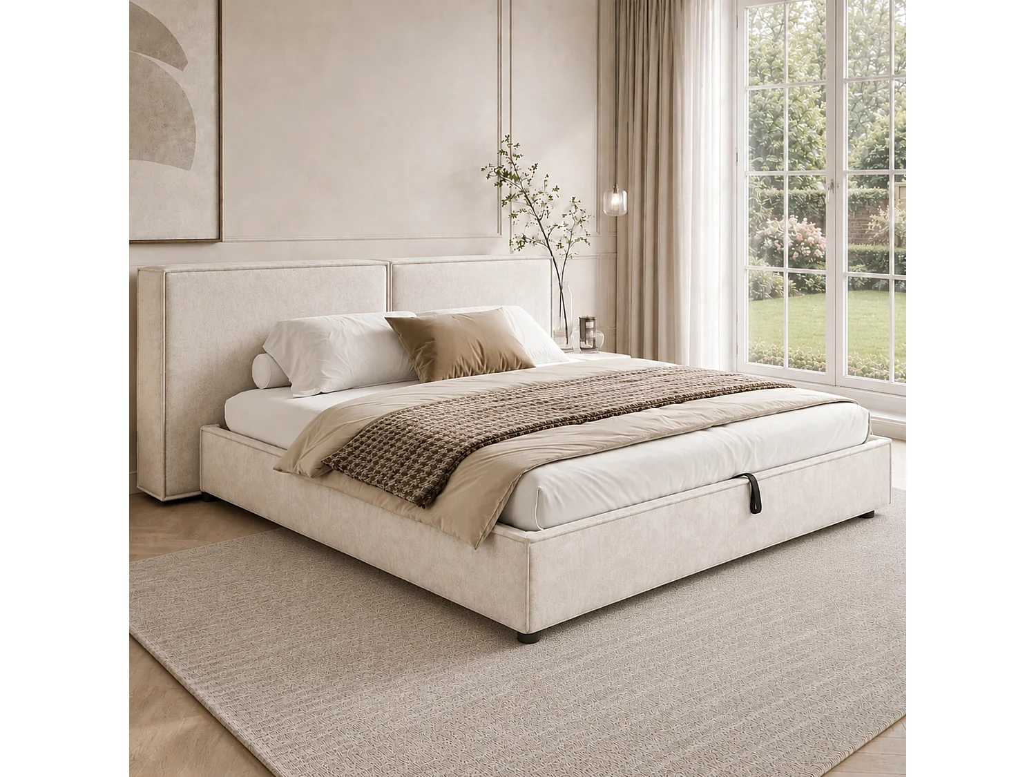 Lit coffre rembourré 160 x 200 cm - Avec coffre de rangement sous le lit - Tête de lit capitonnée - Tissu chenille - Beige  (sans matelas)
