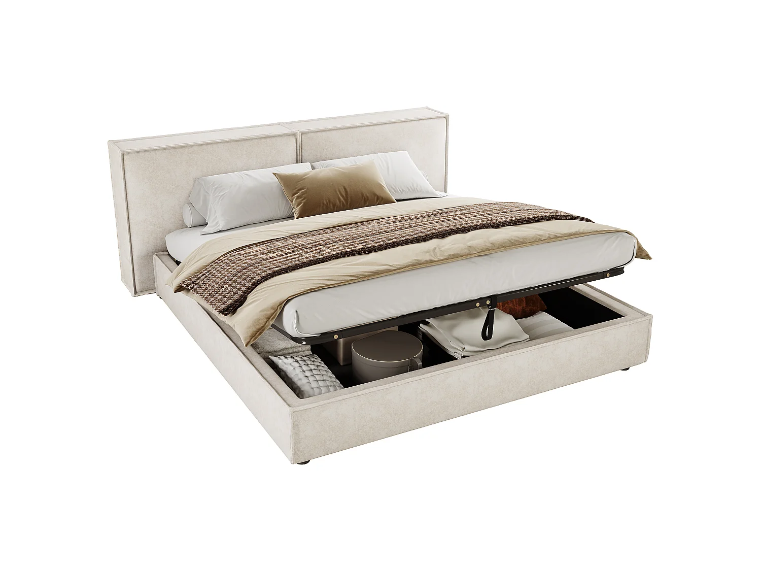 Lit coffre rembourré 160 x 200 cm - Avec coffre de rangement sous le lit - Tête de lit capitonnée - Tissu chenille - Beige  (sans matelas)