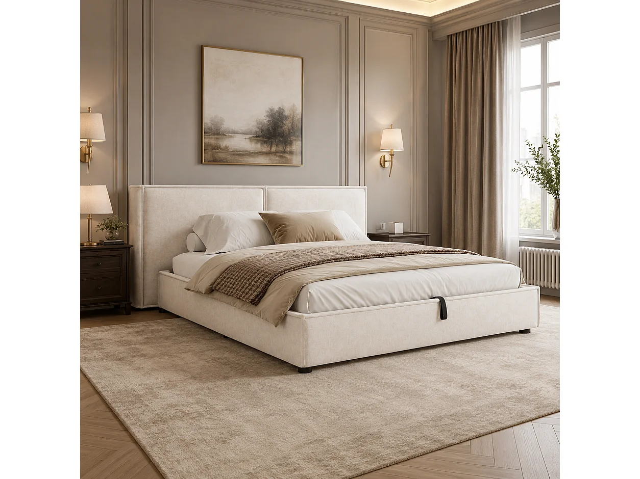 Lit coffre rembourré 160 x 200 cm - Avec coffre de rangement sous le lit - Tête de lit capitonnée - Tissu chenille - Beige  (sans matelas)