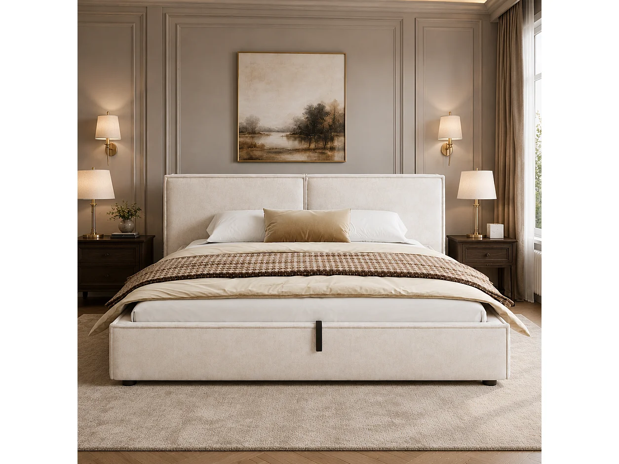 Lit coffre rembourré 160 x 200 cm - Avec coffre de rangement sous le lit - Tête de lit capitonnée - Tissu chenille - Beige  (sans matelas)