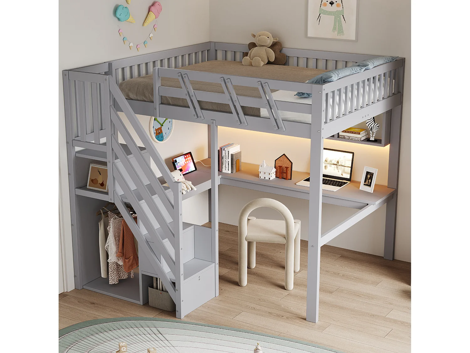 Cama de madera maciza 140x200cm - con escalera de almacenamiento - con escritorio - con puerto USB - con luz LED - gris (colchón no incluido)