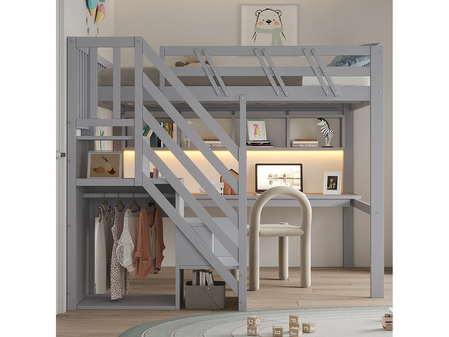 Cama de madera maciza 140x200cm - con escalera de almacenamiento - con escritorio - con puerto USB - con luz LED - gris (colchón no incluido)