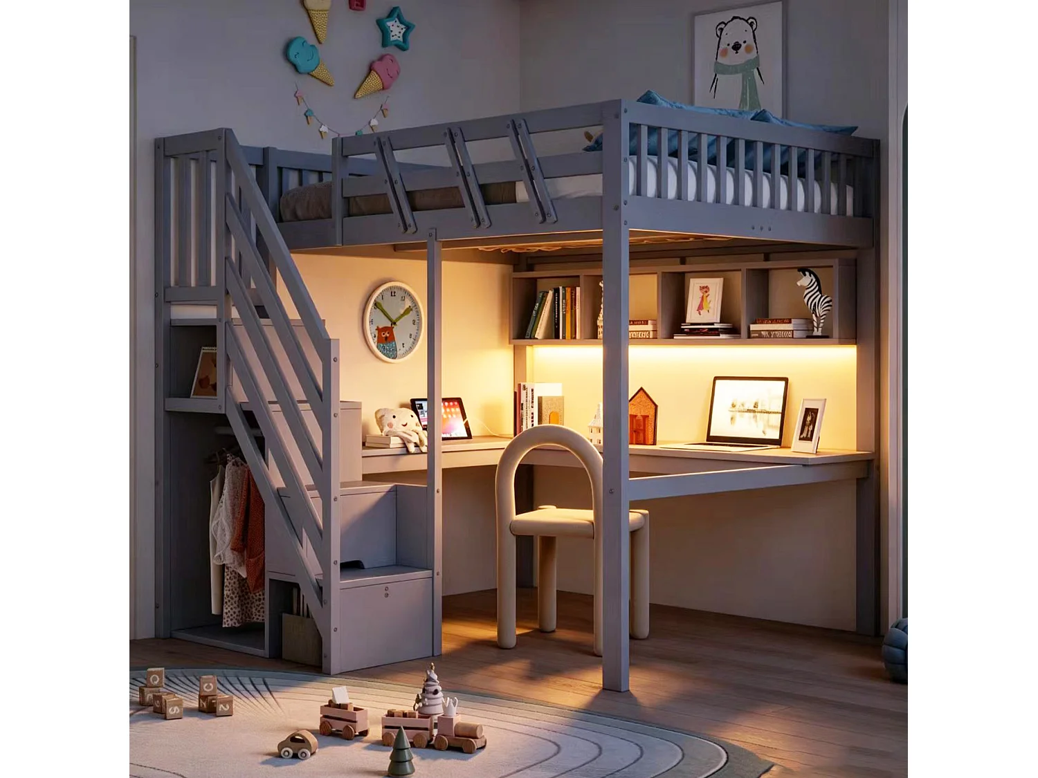 Cama de madera maciza 140x200cm - con escalera de almacenamiento - con escritorio - con puerto USB - con luz LED - gris (colchón no incluido)