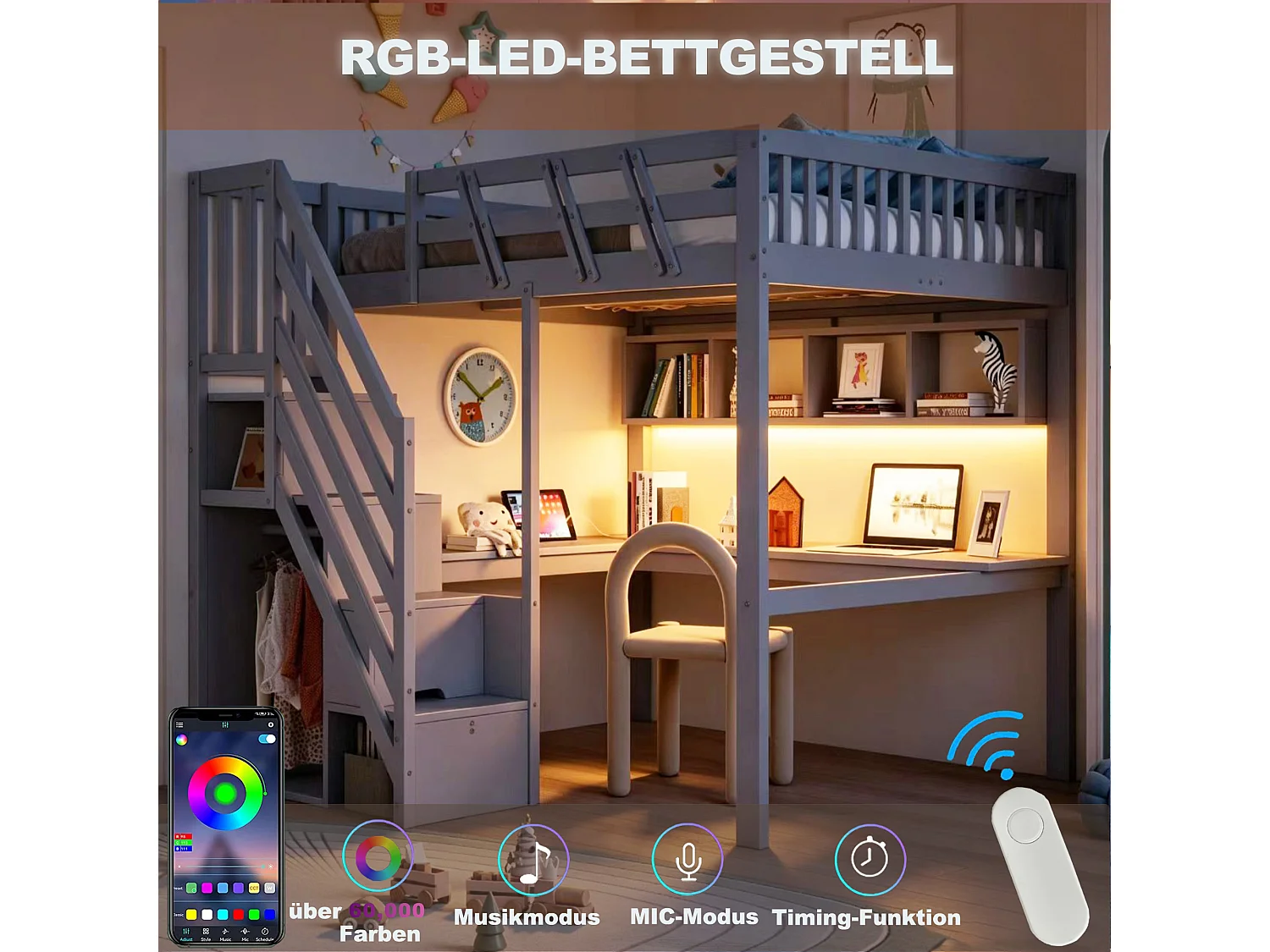 Cama de madera maciza 140x200cm - con escalera de almacenamiento - con escritorio - con puerto USB - con luz LED - gris (colchón no incluido)