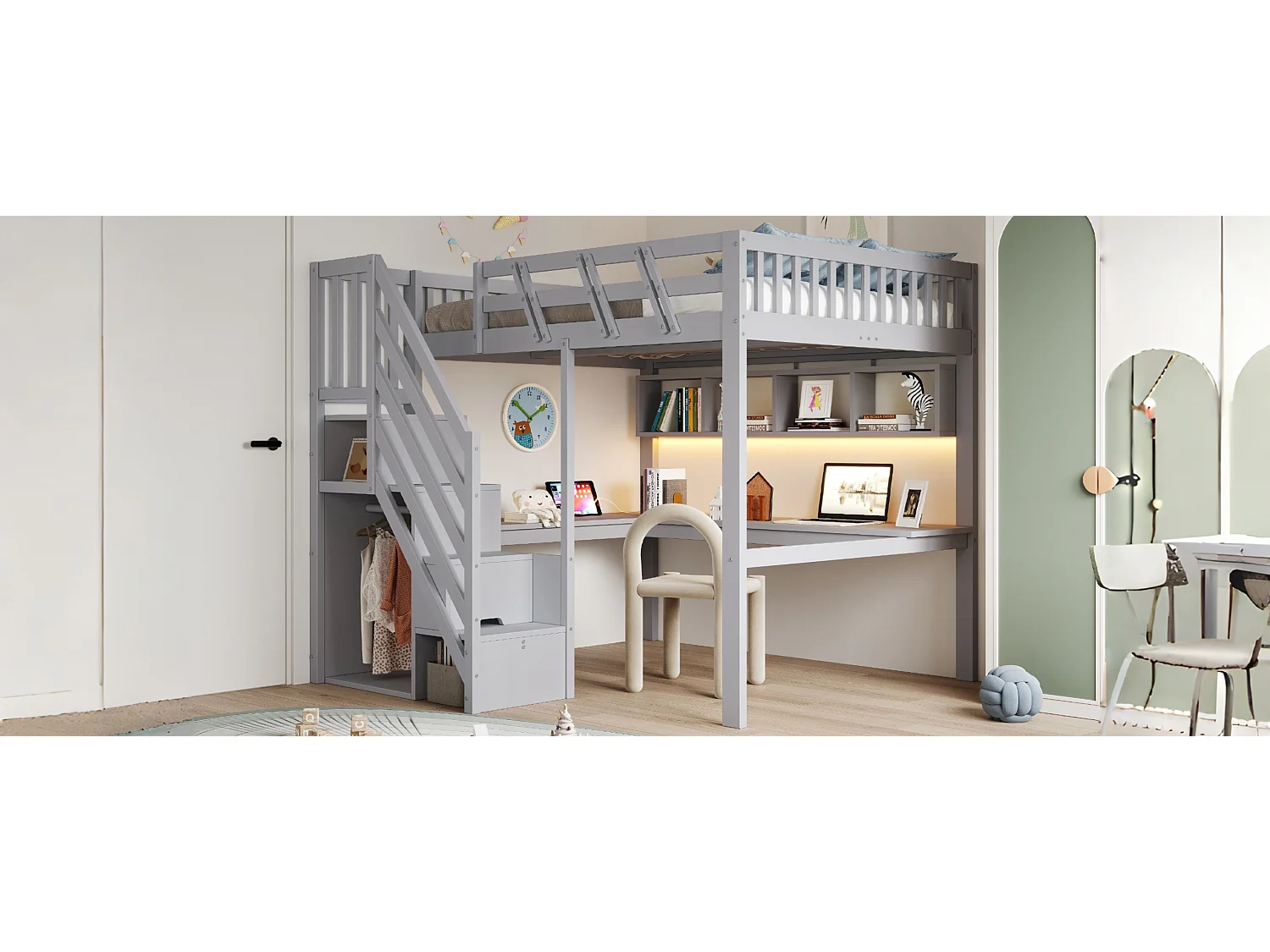 Cama de madera maciza 140x200cm - con escalera de almacenamiento - con escritorio - con puerto USB - con luz LED - gris (colchón no incluido)