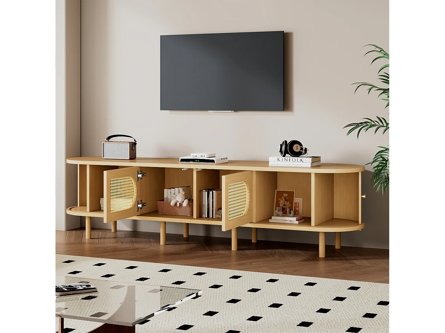 Meuble TV ovale 180x40x40 cm - Design en rotin - 4 portes - MDF - Pour les TV jusqu'à 75 pouces -MDF - Naturel
