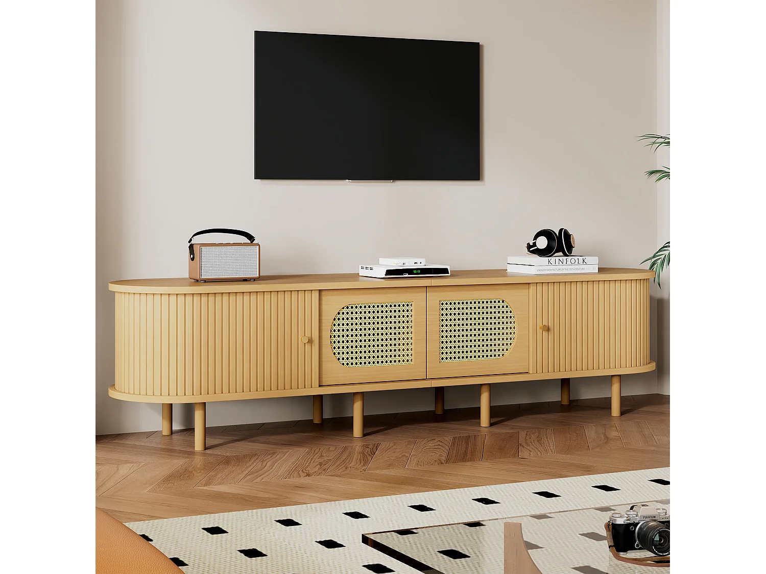 Meuble TV ovale 180x40x40 cm - Design en rotin - 4 portes - MDF - Pour les TV jusqu'à 75 pouces -MDF - Naturel