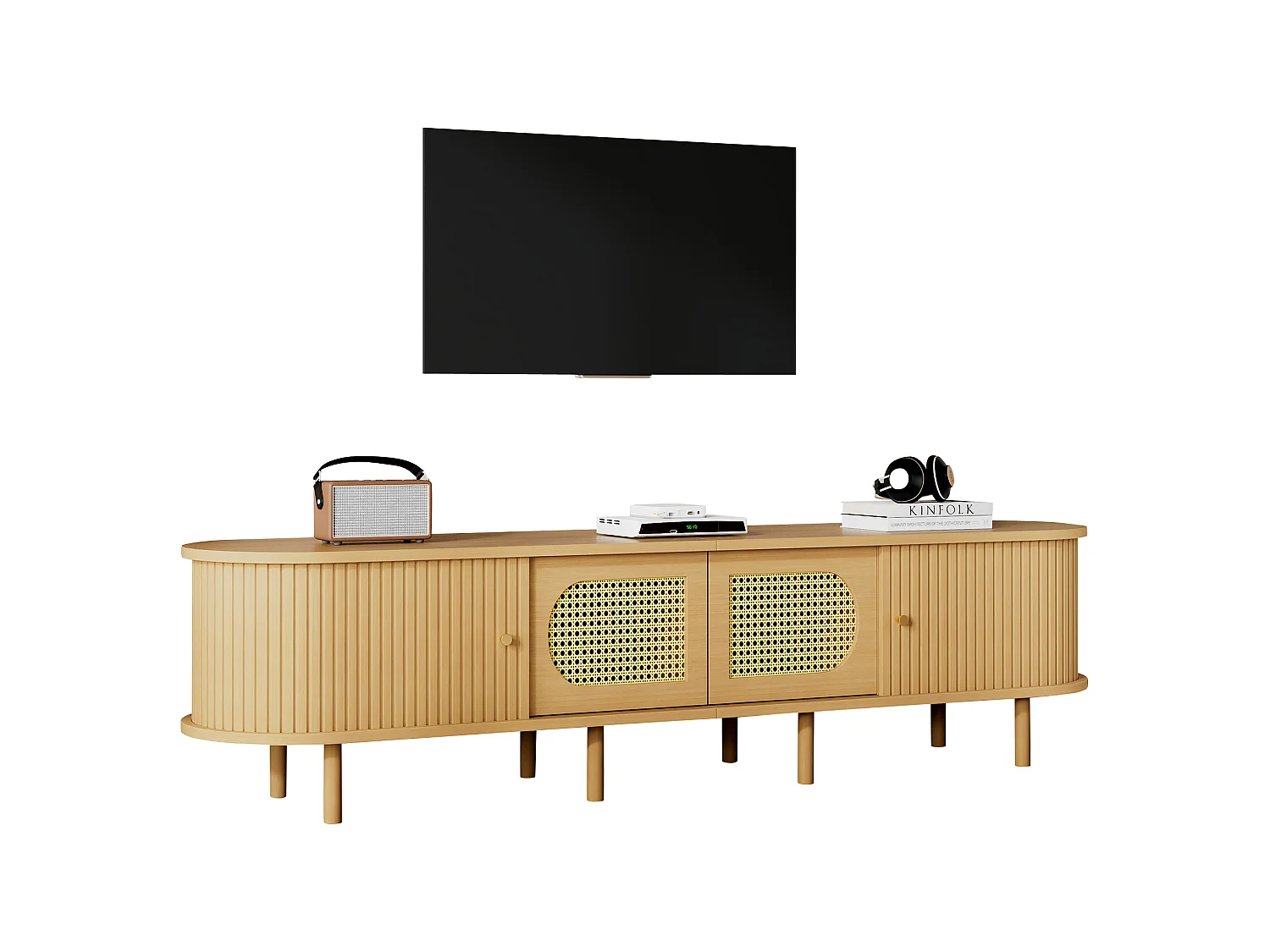 Meuble TV ovale 180x40x40 cm - Design en rotin - 4 portes - MDF - Pour les TV jusqu'à 75 pouces -MDF - Naturel