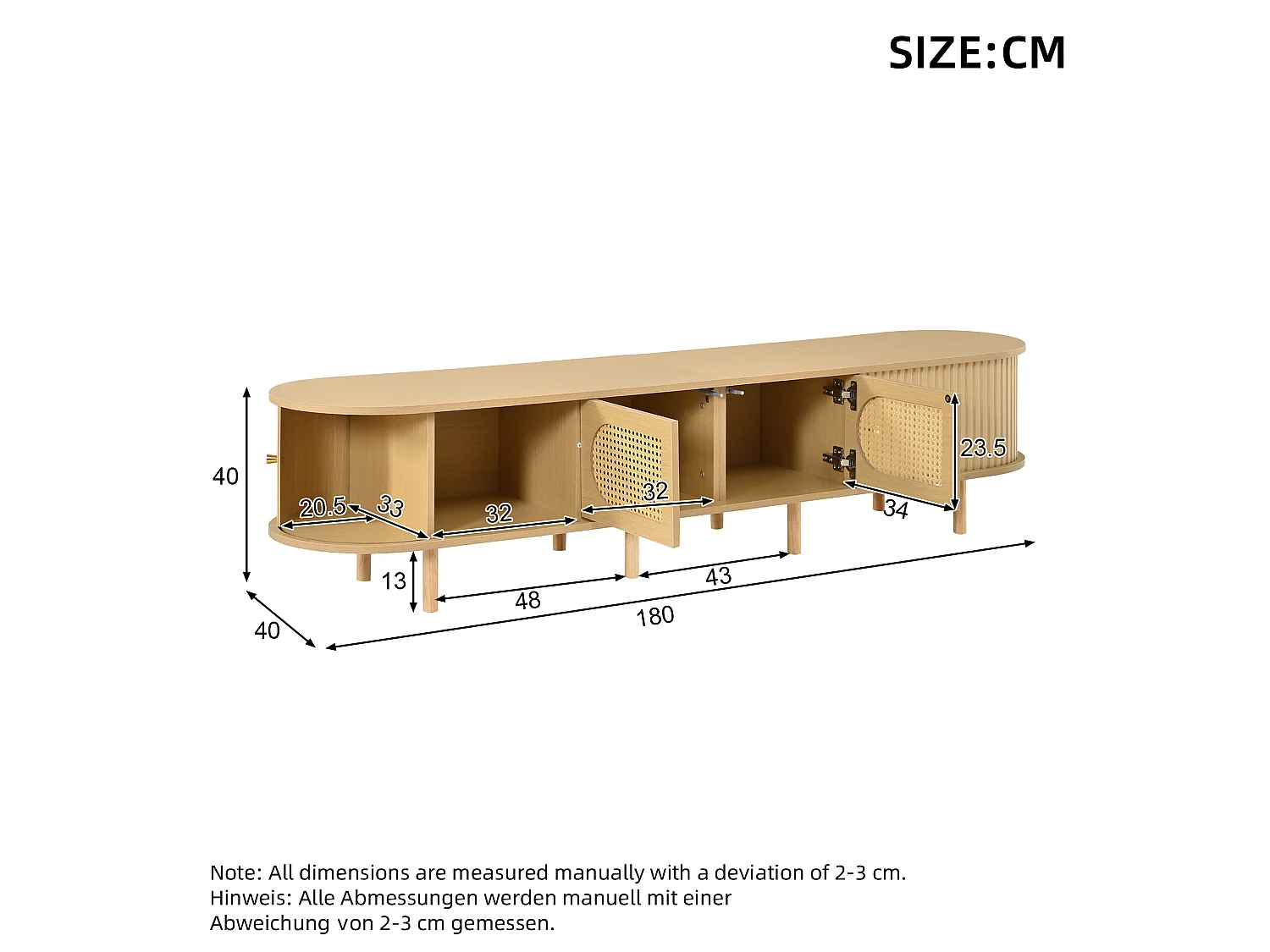 Meuble TV ovale 180x40x40 cm - Design en rotin - 4 portes - MDF - Pour les TV jusqu'à 75 pouces -MDF - Naturel