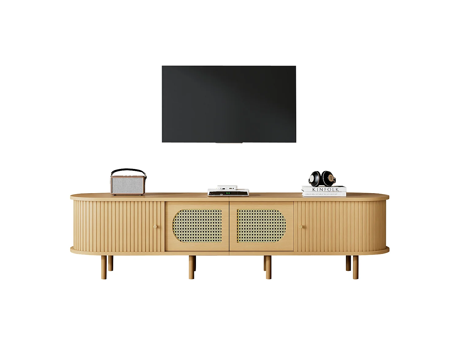 Meuble TV ovale 180x40x40 cm - Design en rotin - 4 portes - MDF - Pour les TV jusqu'à 75 pouces -MDF - Naturel