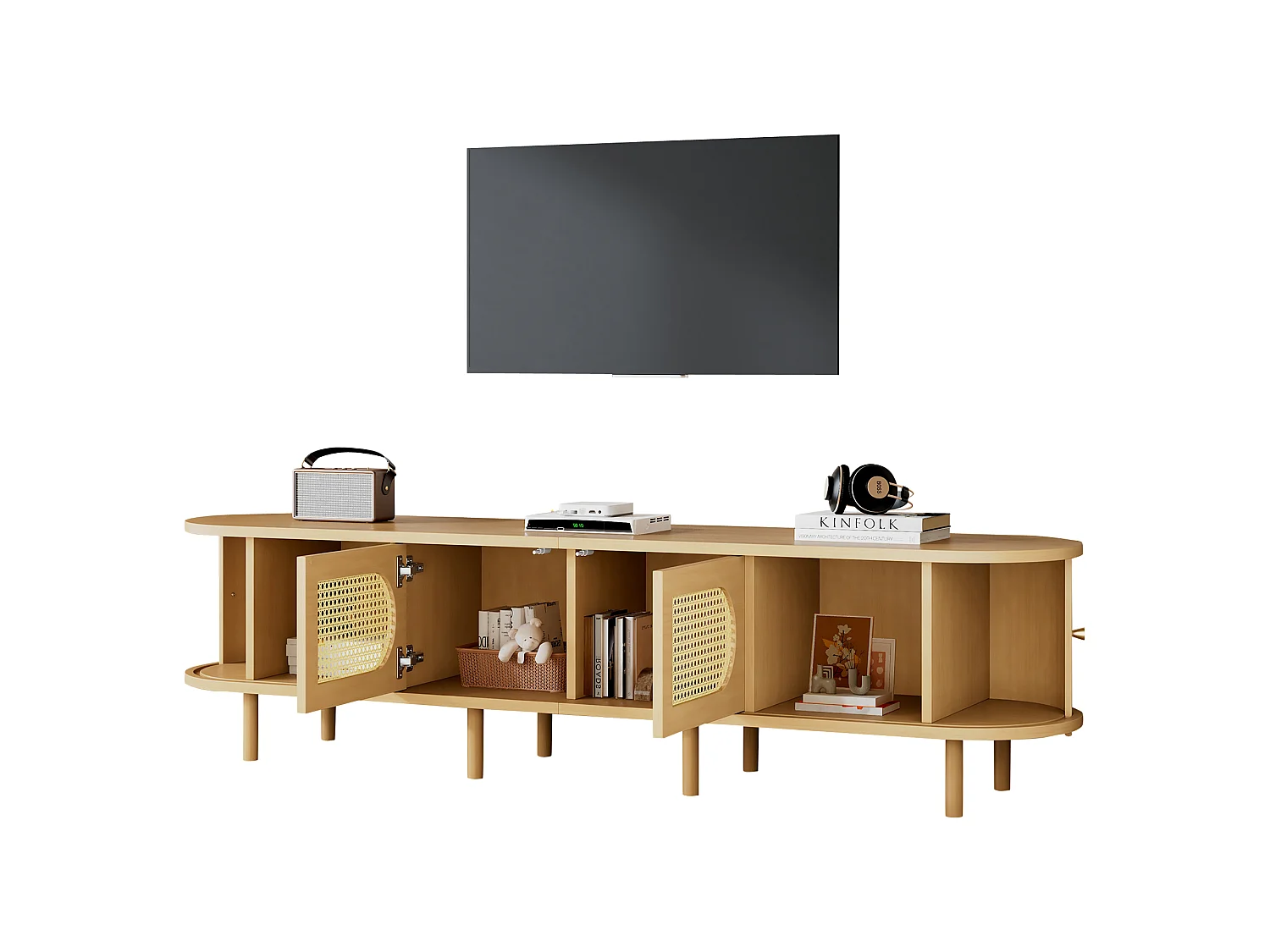 Meuble TV ovale 180x40x40 cm - Design en rotin - 4 portes - MDF - Pour les TV jusqu'à 75 pouces -MDF - Naturel