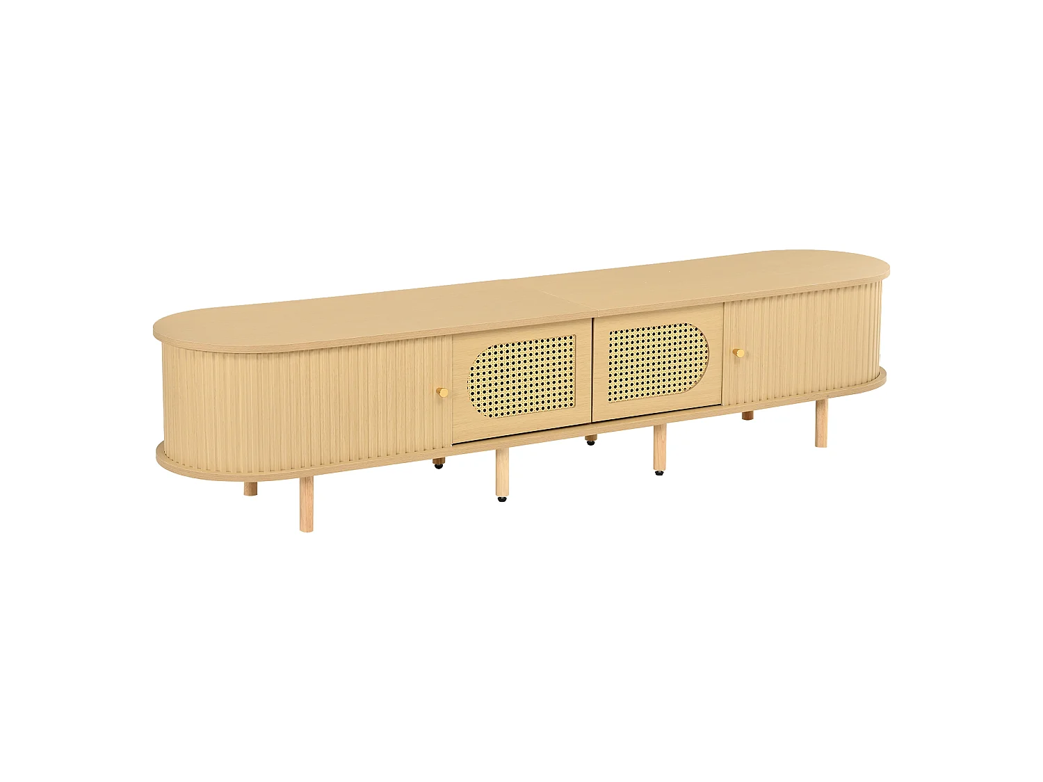 Meuble TV ovale 180x40x40 cm - Design en rotin - 4 portes - MDF - Pour les TV jusqu'à 75 pouces -MDF - Naturel